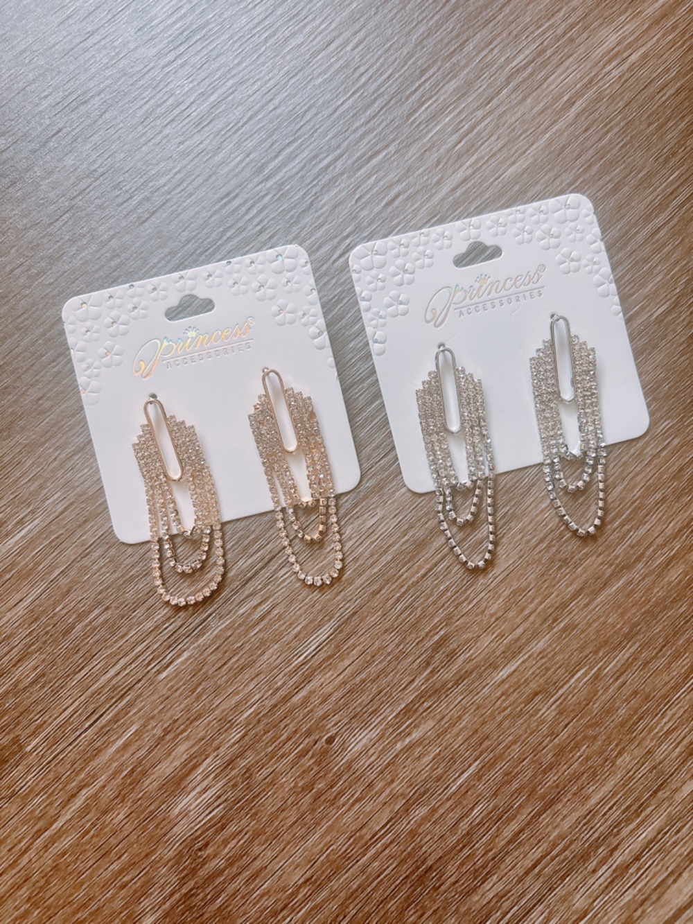 Rhinestone Paperclip Drop Earrings - Gold and Silver